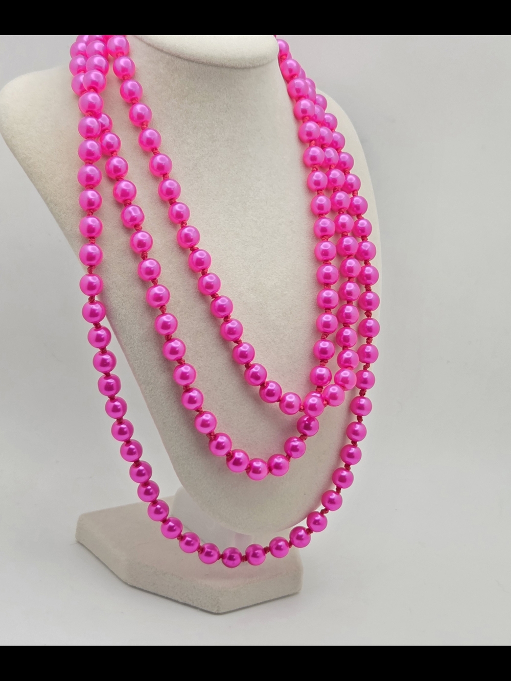 Vintage Neon Hot Pink Glass Pearl Flapper Necklace - 56" Long